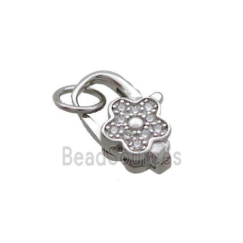 Sterling Silver Lobster Clasp Pave Zircon Flower Platinum Plated