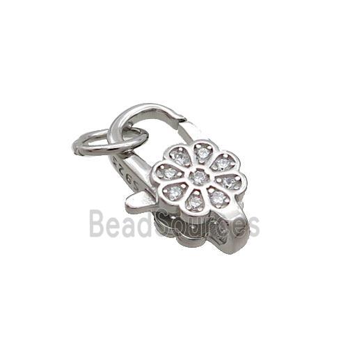 Sterling Silver Lobster Clasp Pave Zircon Flower Platinum Plated