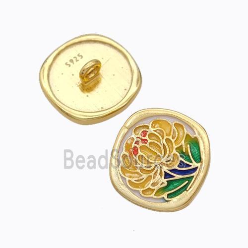 925 Sterling Silver Button Beads Flower Enamel Gold Plated