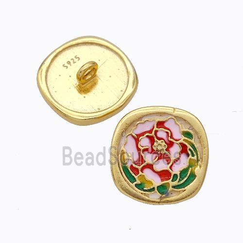 925 Sterling Silver Button Beads Flower Enamel Gold Plated