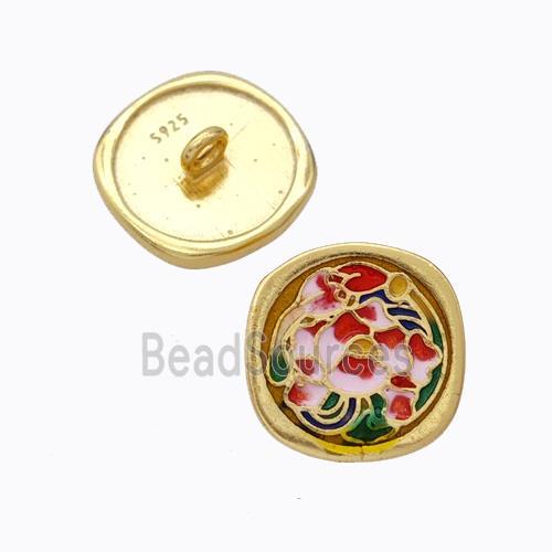 925 Sterling Silver Button Beads Flower Enamel Gold Plated