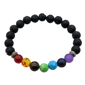 Chakra Bracelets with Lava, stretchy, approx 8mm dia