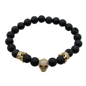 black Lava Stone Bracelet with skull, stretchy, approx 8mm dia