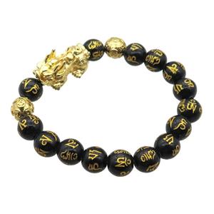 black Onyx Agate Bracelet with sutra, pixiu, stretchy, approx 10mm dia