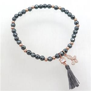 black Hematite Bracelet with tassel, stretchy, approx 4mm, 50mm dia