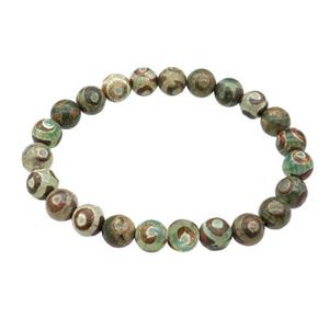 green stretchy Tibetan Agate Bracelet Evil Eye round, approx 8mm dia