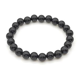 Natural Black Onyx Agate Bracelet Smooth Round Stretchy, approx 8mm