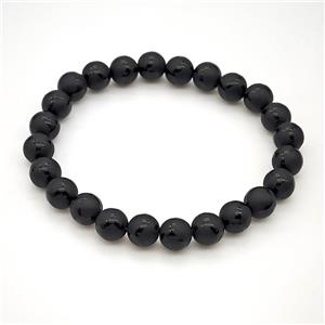 Natural Black Onyx Agate Bracelet Smooth Round Stretchy, approx 8mm