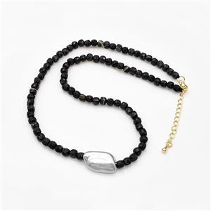 Black Stripe Agate Cube Necklace With Pearl, approx 11-18mm, 4.5mm, 38-43cm length