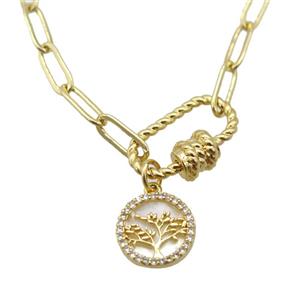 copper necklace with carabiner lock, tree of life, gold plated, approx 4x11mm, 44cm length