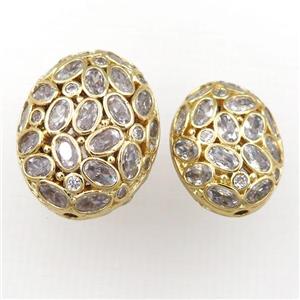 copper oval beads pave zircon, hollow, gold plated, approx 17-22mm