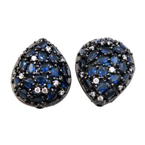 copper teardrop pave blue zircon, black plated, approx 20-26mm