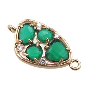 copper teardrop connector paved zircon with green crystal glass, hollow, gold plated, approx 12-18mm