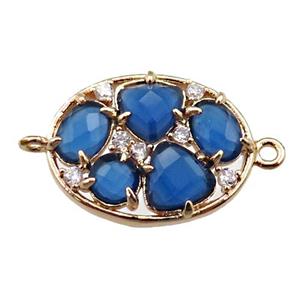 copper oval connector paved zircon with blue crystal glass, hollow, gold plated, approx 15-20mm