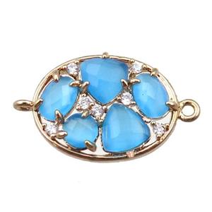 copper oval connector paved zircon with blue crystal glass, hollow, gold plated, approx 15-20mm