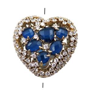 copper heart beads paved zircon with blue crystal glass, hollow, gold plated, approx 25mm