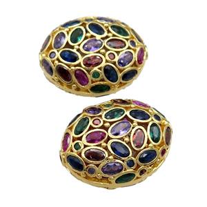 copper oval beads pave multicolor zircon, gold plated, approx 20-26mm