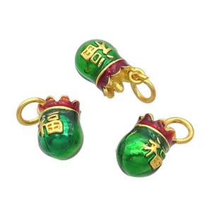 Alloy MoneyBag Pendant Green Enamel Gold Plated, approx 9-11mm