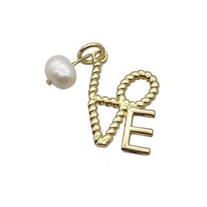 Copper LOVE Pendant With Pearl Gold Plated, approx 12-18mm, 6mm