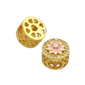 Copper Butter Beads Pave Zircon Pink Enamel Flower Large Hole Gold Plated, approx 10.5mm, 5mm hole