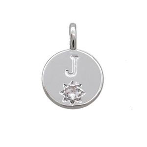 Copper Circle Pendant Pave Zircon J-letter Platinum Plated, approx 11.5mm