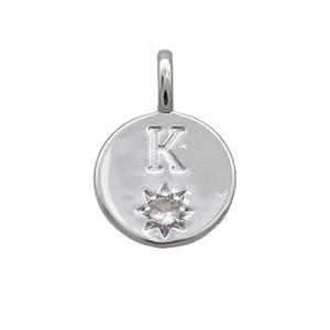 Copper Circle Pendant Pave Zircon K-letter Platinum Plated, approx 11.5mm