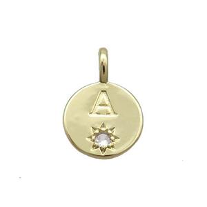 Copper Circle Pendant Pave Zircon A-letter Gold Plated, approx 11.5mm