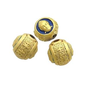 Copper Buddha Beads Blue Enamel Large Hole Gold Plated, approx 12-14mm, 3mm hole