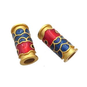 Copper Tube Beads Multicolor Cloisonne Fish Large Hole 18K Gold Plated, approx 7-16mm, 4mm hole