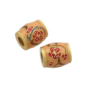 Copper Barrel Beads Peach Cloisonne Flower Large Hole 18K Gold Plated, approx 10-11mm, 4mm hole