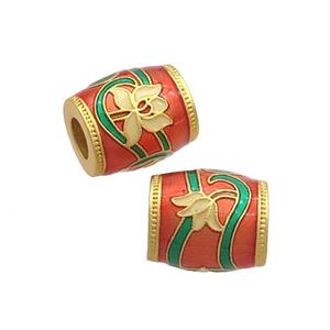 Copper Barrel Beads Red Cloisonne Flower Large Hole 18K Gold Plated, approx 10-11mm, 4mm hole