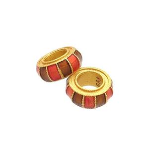 Copper Rondelle Beads Multicolor Cloisonne 18K Gold Plated Large Hole, approx 8mm, 4mm hole