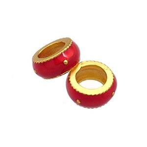 Copper Rondelle Beads Red Cloisonne Large Hole 18K Gold Plated, approx 8mm, 5mm hole