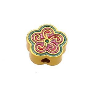 Copper Flower Beads Red Green Cloisonne 18K Gold Plated, approx 11mm