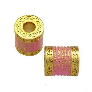 Copper Tube Beads Pink Cloisonne Buddhist Large Hole 18K Gold Plated, approx 10-11mm, 4mm hole