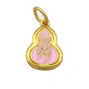 Copper Gourd Pendant Pink Cloisonne Buddhist 18K Gold Plated, approx 11-16mm