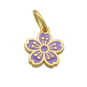 Copper Flower Pendant Purple Cloisonne 18K Gold Plated, approx 11mm