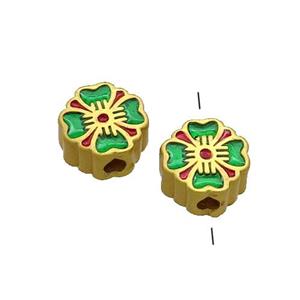 Copper Flower Beads Green Painted Gold Plated, approx 8mm