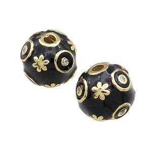 Copper Round Beads Pave Zircon Black Enamel 18K Gold Plated, approx 14mm