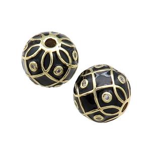 Copper Round Beads Pave Zircon Black Enamel 18K Gold Plated, approx 14mm