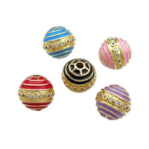 Copper Round Beads Pave Zircon Enamel 18K Gold Plated Mixed Color, approx 14mm