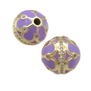 Copper Round Beads Pave Zircon Purple Enamel 18K Gold Plated, approx 14mm