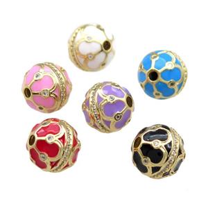 Copper Round Beads Pave Zircon Enamel 18K Gold Plated Mixed Color, approx 14mm