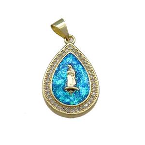 Copper Teardrop Pendant Pave Fire Opal Zircon Jesus 18K Gold, approx 15-20mm