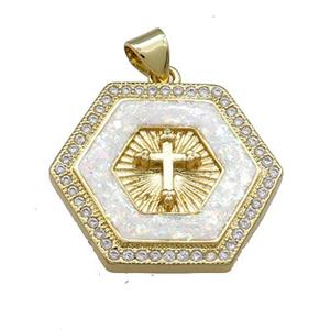 Copper Hexagon Pendant Pave Fire Opal Zircon Cross 18K Gold Plated, approx 24mm