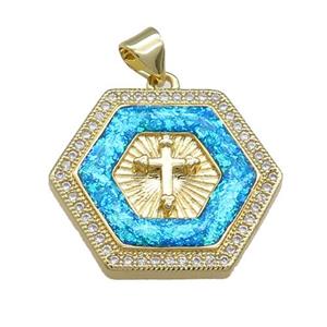 Copper Hexagon Pendant Pave Fire Opal Zircon Cross 18K Gold Plated, approx 24mm