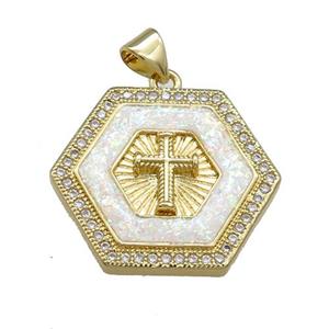 Copper Hexagon Pendant Pave Fire Opal Zircon Cross 18K Gold Plated, approx 24mm