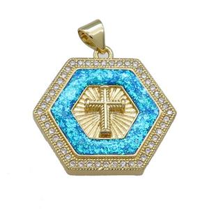 Copper Hexagon Pendant Pave Fire Opal Zircon Cross 18K Gold Plated, approx 24mm