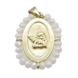 Copper Angel Pendant With White Crystal Glass Wire Wrapped Oval Gold Plated, approx 20-25mm