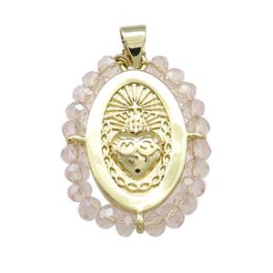 Sacred Heart Charms Copper Oval Pendant With Crystal Glass Wire Wrapped Gold Plated, approx 20-25mm